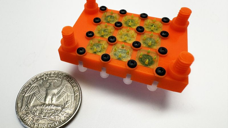MIT engineers have demonstrated the first fully 3D-printed, droplet-emitting electrospray engine. The device, which would be ideal for enabling small satellites to make in-orbit maneuvers, can be produced for a fraction of the cost of traditional thrusters. Credit: Courtesy of the researchers