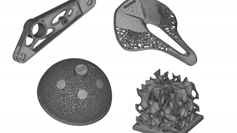 A selection of meshes of parts with intricate lattices, gyroid structures, and topology optimized shape generated in nTopology.