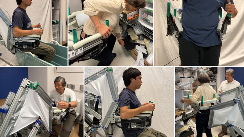 Six of multiple possible assistance scenarios with a prototype of a new robot being developed at MIT. Top row: getting into/out of a bathtub, bending down to reach objects, and catching a fall. Bottom row: powered sit-to-stand transition from a toilet, lifting a person from the floor, and walking assistance. Image: Courtesy of the researchers