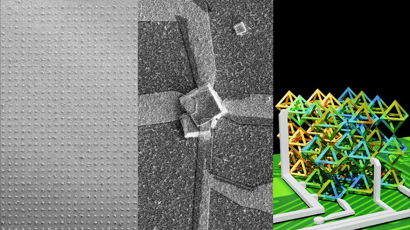 Chip-integrated 3D nanostructured device fabricated using DNA self-assembly (Left panel). A DNA crystal is grown at a designated substrate location (about 1000 crystals on 5μm pads are shown on a Right panel), then mineralized to silica and volumetrically templated with a semiconductor material before electrodes are attached (Center panel). The resulting device exhibits an electrical response when exposed to light. Thousands of such 3D devices can be grown in parallel using this bottom-up fabrication approach. Photo Credit: Center for Functional Nanomaterials